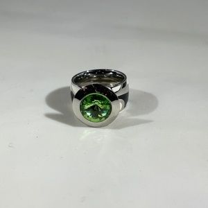 Silver and enamel, Switch & Fun ring, size 7.  Top green rhinestone screws on